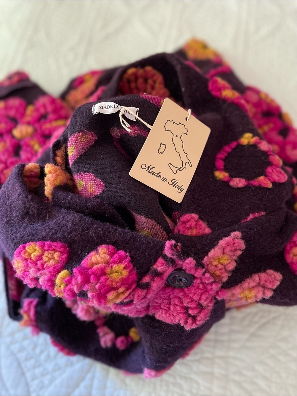 Made In Italy 3D Textured Floral Bobble Knit Felted Appliqués Hooded Coat NWT - Picture 3 of 6